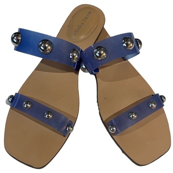 Marc Fisher Bornie Sandals Blue Lucite with Silver Studded Double Straps Sz 11 - Picture 3 of 8